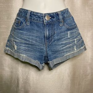 So Juniors Womens Blue Jean Cuffed Shorts Low Rise Distressed Denim 5